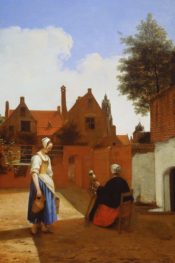 Binnenplaats in Delft op de avond: een spinnende vrouw (Pieter De Hooch)