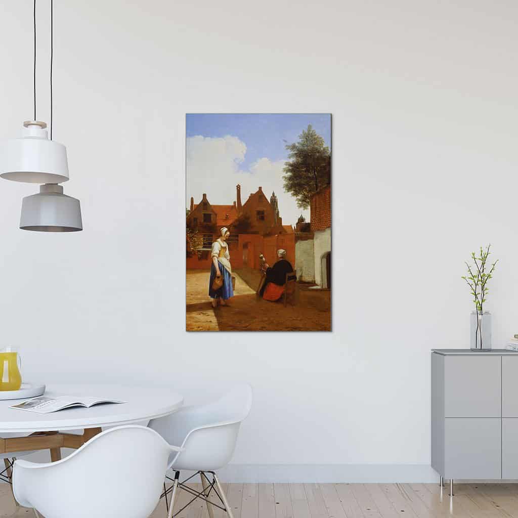 Binnenplaats in Delft op de avond: een spinnende vrouw (Pieter De Hooch)