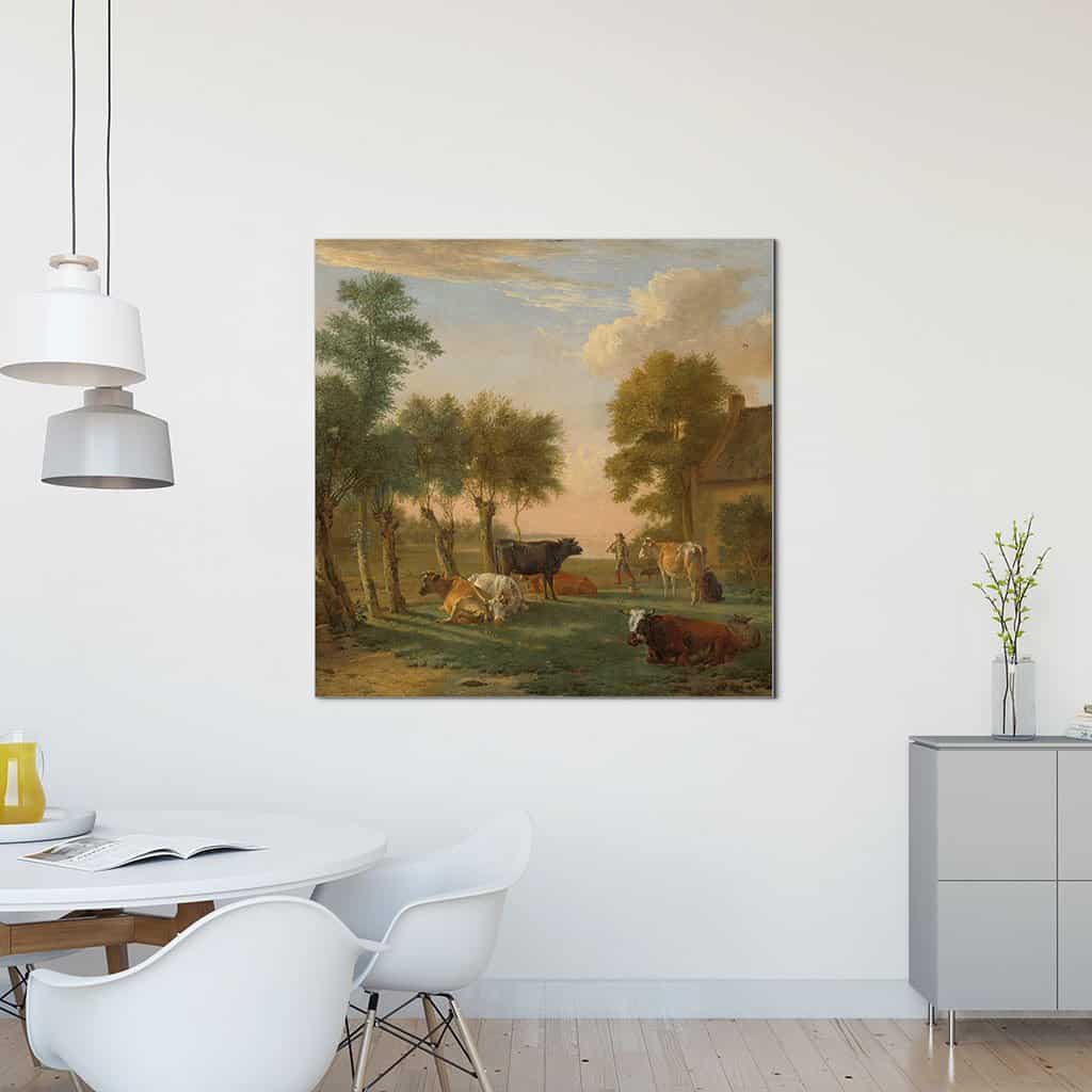 Koeien in een weiland bij een boerderij (Paulus Potter)