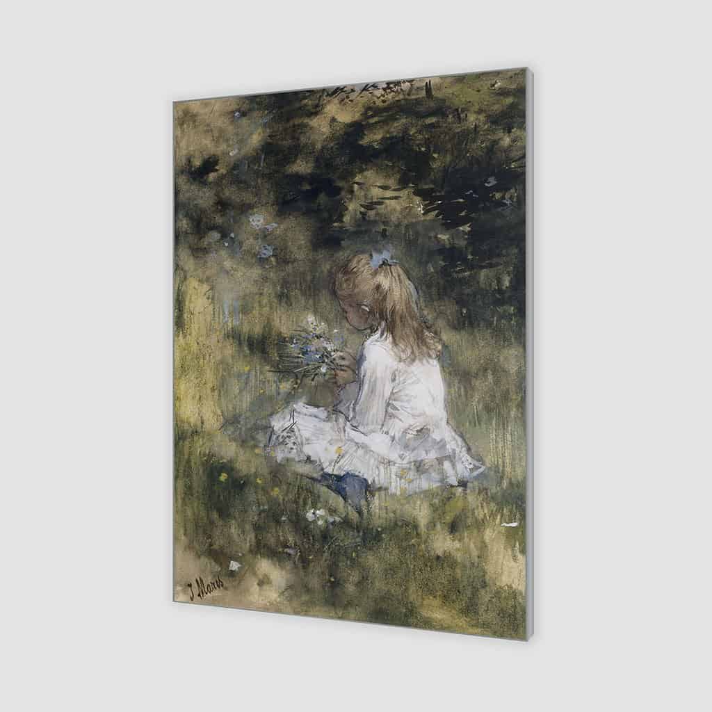 Een meisje met bloemen in het gras (Jacob Maris)