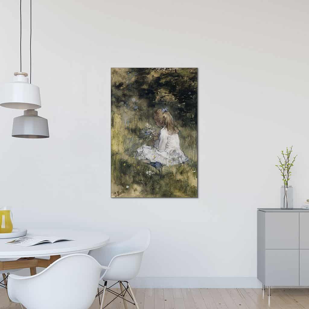 Een meisje met bloemen in het gras (Jacob Maris)