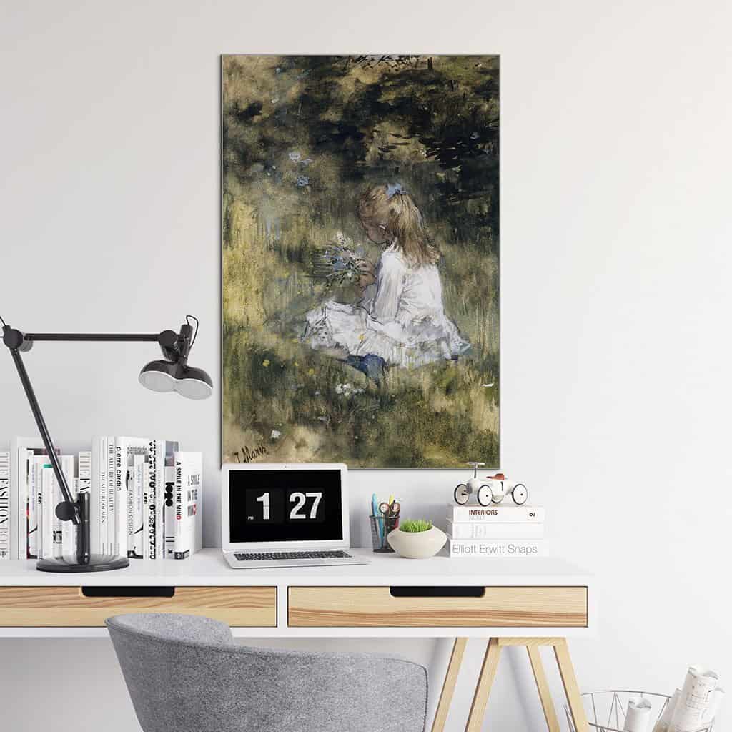 Een meisje met bloemen in het gras (Jacob Maris)