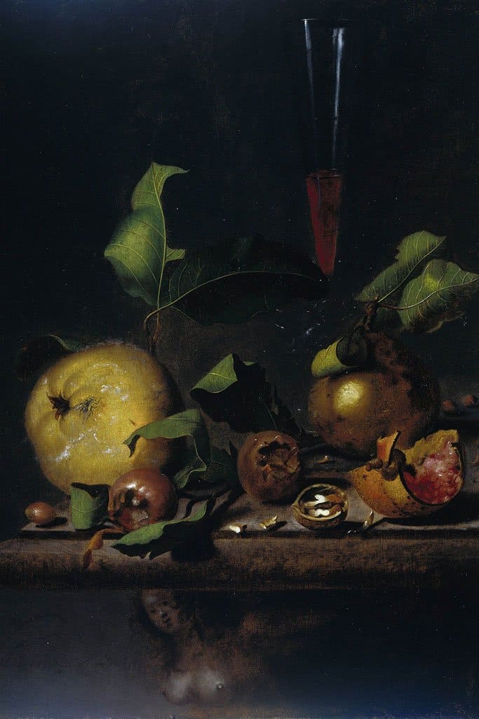 Stilleven met kweeperen, mispels en een glas (Martinus Nellius)