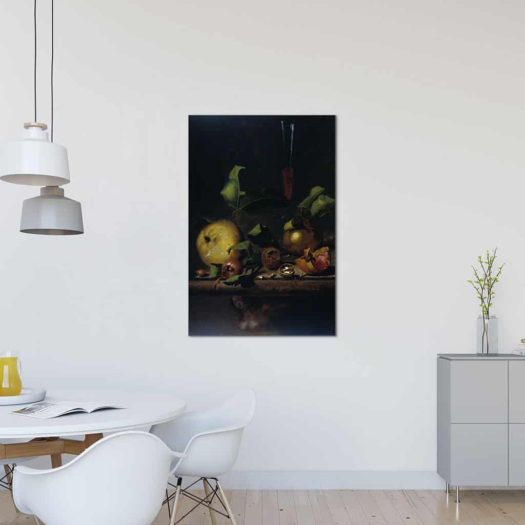Stilleven met kweeperen, mispels en een glas (Martinus Nellius)