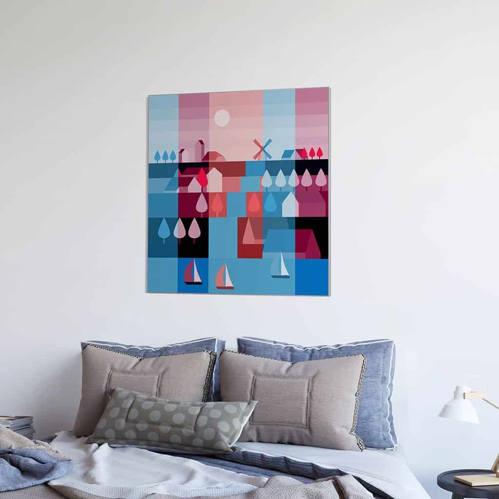 Landschap met molen, huizen en boten