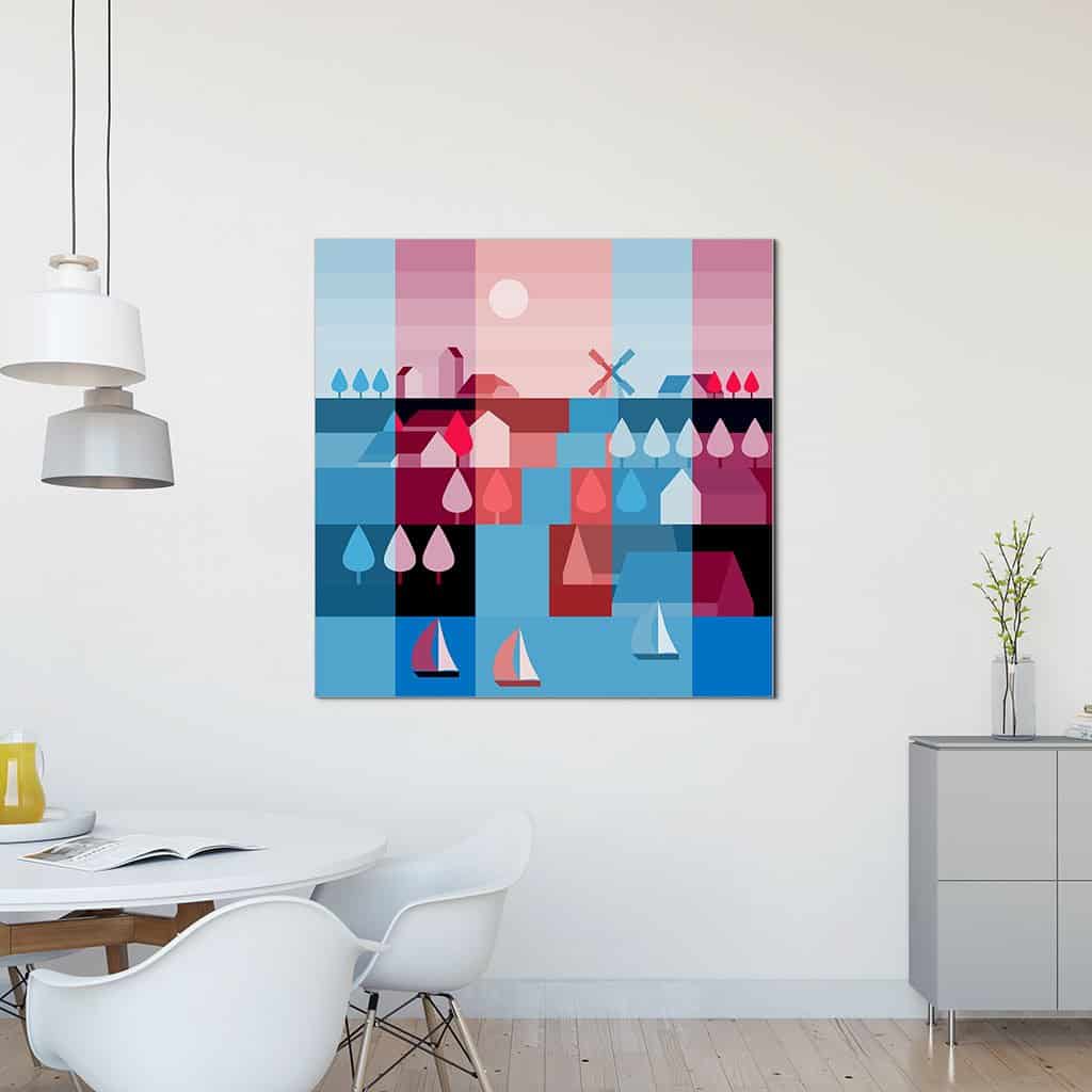 Landschap met molen, huizen en boten