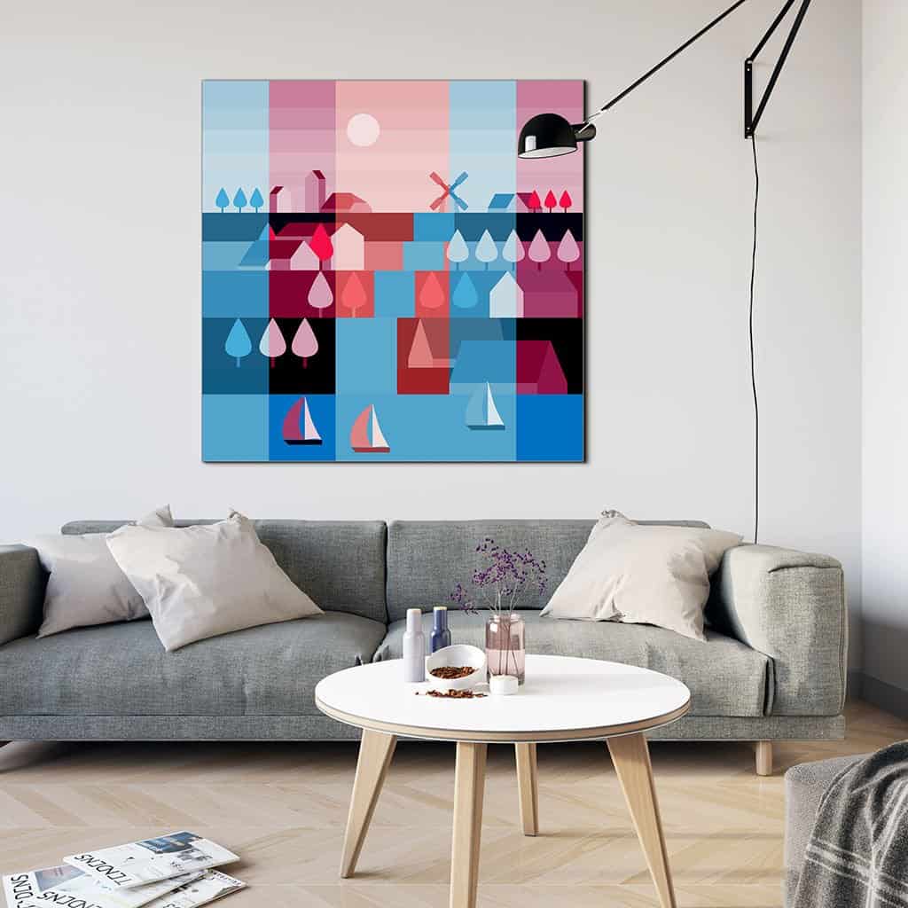 Landschap met molen, huizen en boten