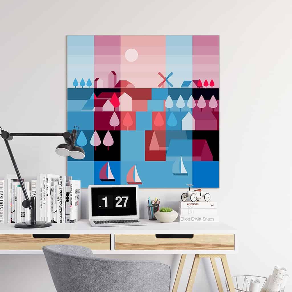 Landschap met molen, huizen en boten