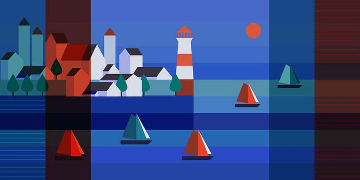 Vuurtoren in de nacht in een vlak landschap