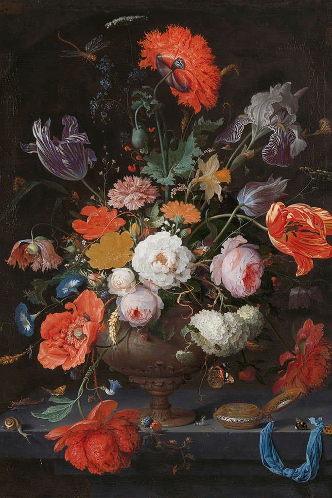 Stilleven met bloemen en een horloge - Abraham Mignon