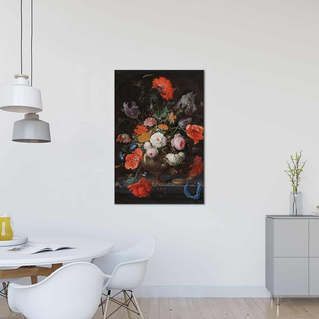 Stilleven met bloemen en een horloge - Abraham Mignon