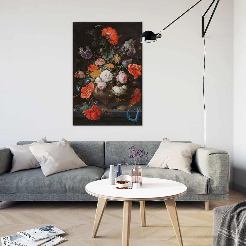 Stilleven met bloemen en een horloge - Abraham Mignon