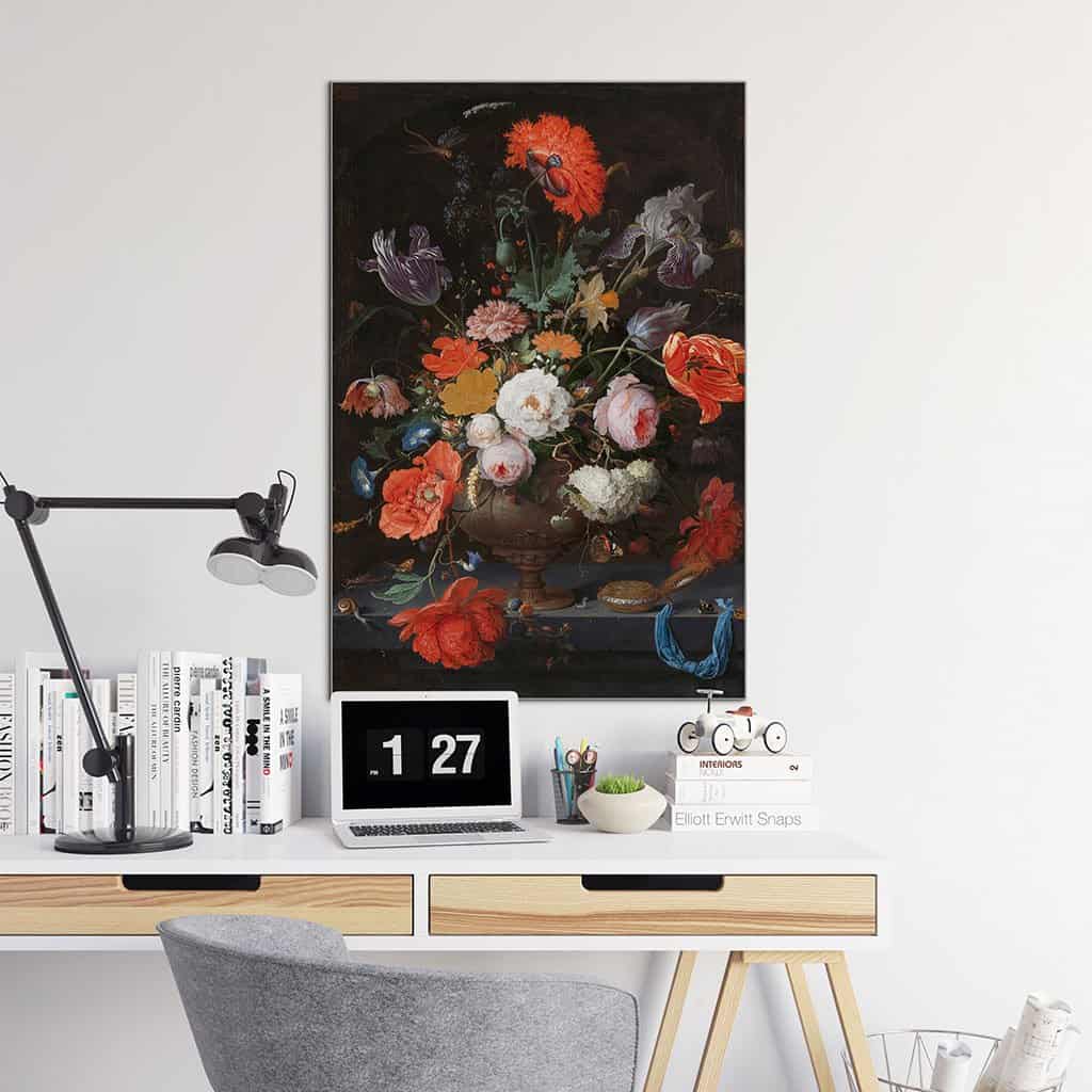 Stilleven met bloemen en een horloge - Abraham Mignon
