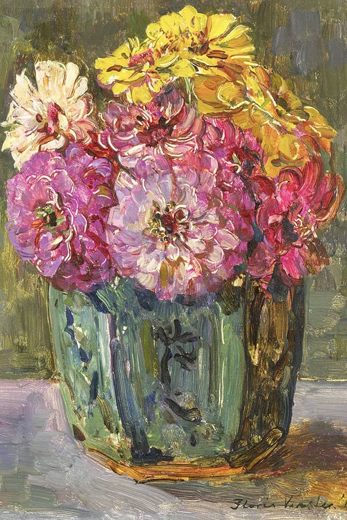 Stilleven met Zinnia's in een groene pot (Floris Verster)
