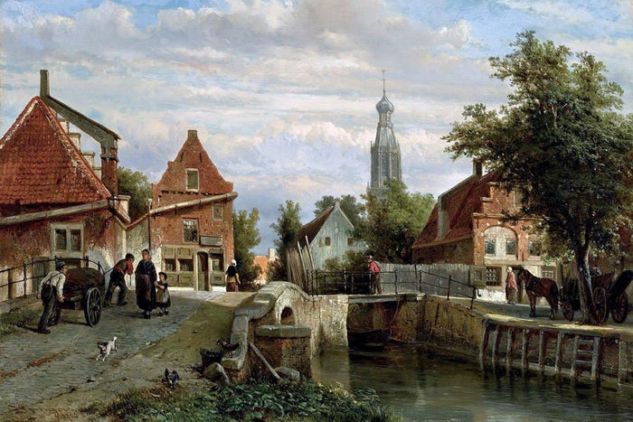 Zicht op Staal Everspijp en de Grote Kerk in de zomer, Enkhuizen (Cornelis Springer)