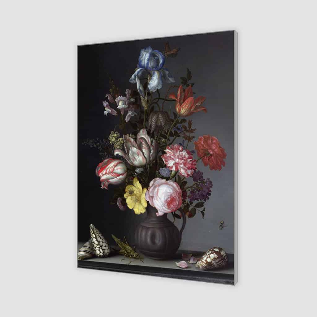 Bloemen in een vaas met schelpen en insecten - Balthasar van der Ast