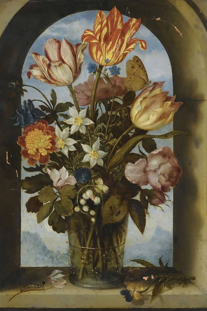 Een stilleven van tulpen mosrozen lelietjes van het dal en andere bloemen - Ambrosius Bosschaert de Oude