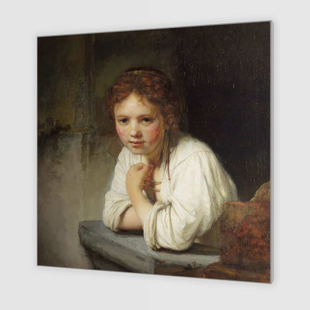 Meisje dat op een stenen vensterbank leunt (Rembrandt)