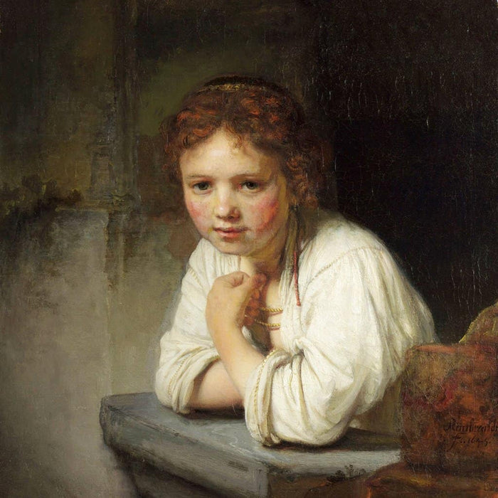 Meisje dat op een stenen vensterbank leunt (Rembrandt)