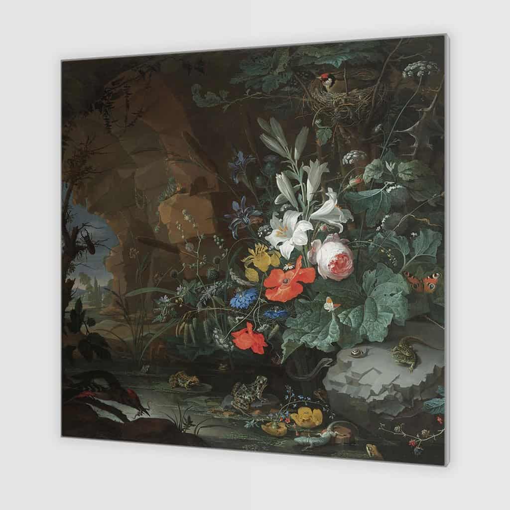 Interieur van een grot met een rotspoel, kikkers, salamanders en een vogelnest (Abraham Mignon)