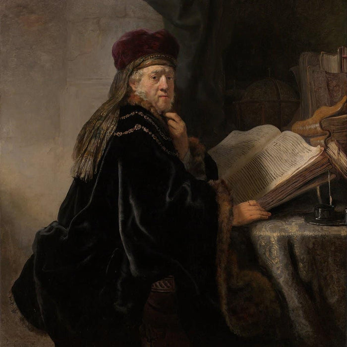 Geleerde, zittend aan een tafel met boeken (Rembrandt)