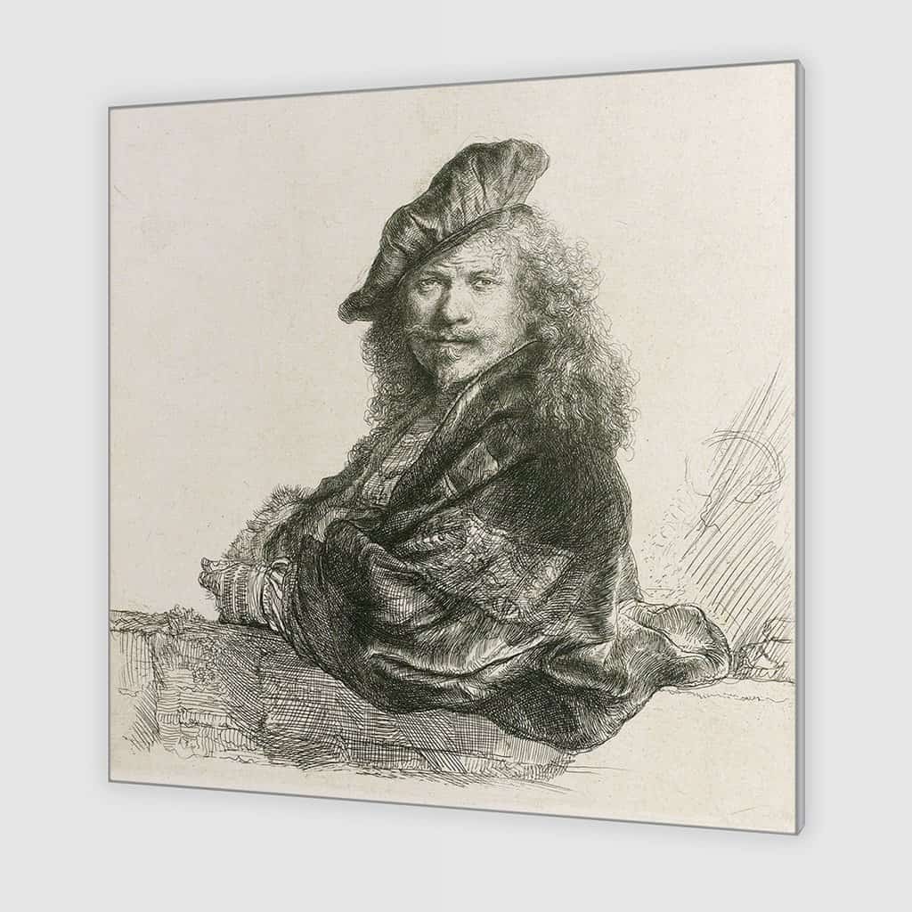 Zelfportret, met de onderarm leunend op een stenen dorpel - Rembrandt