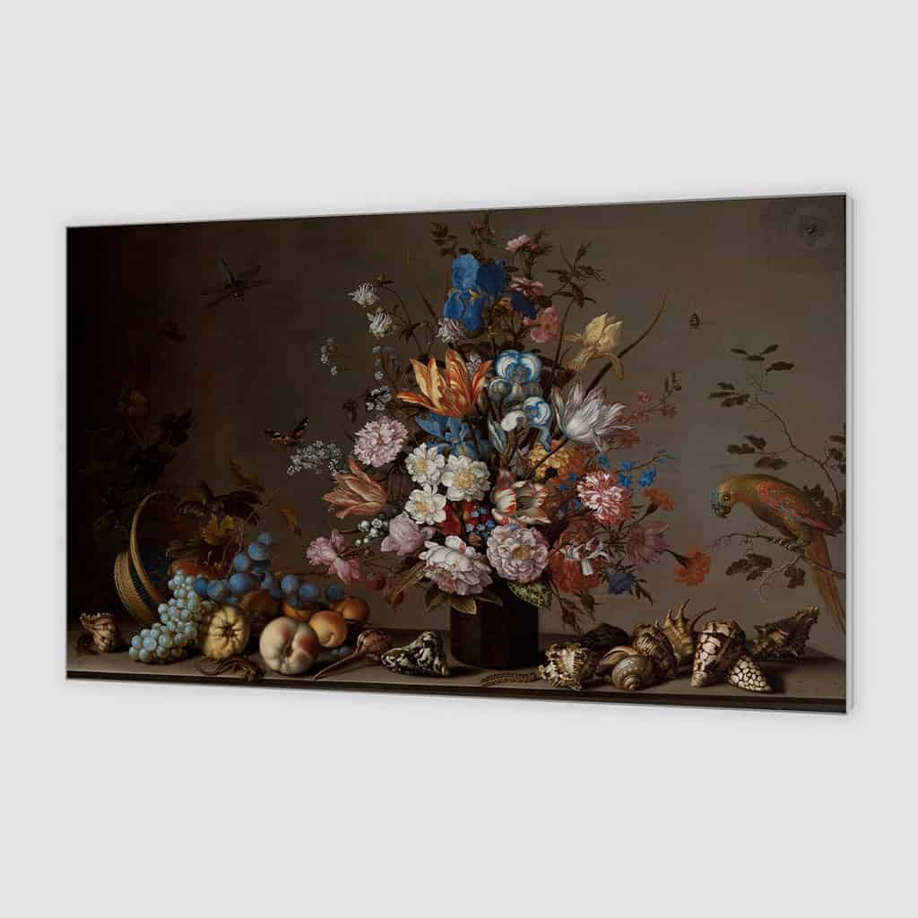 Stilleven met mand met fruit een vaas met bloemen en schelpen - Balthasar van der Ast
