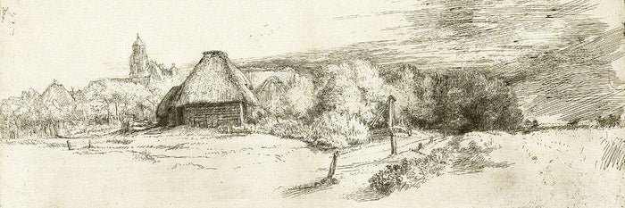 Uitzicht op enkele huizen met bomen en een toren - Rembrandt