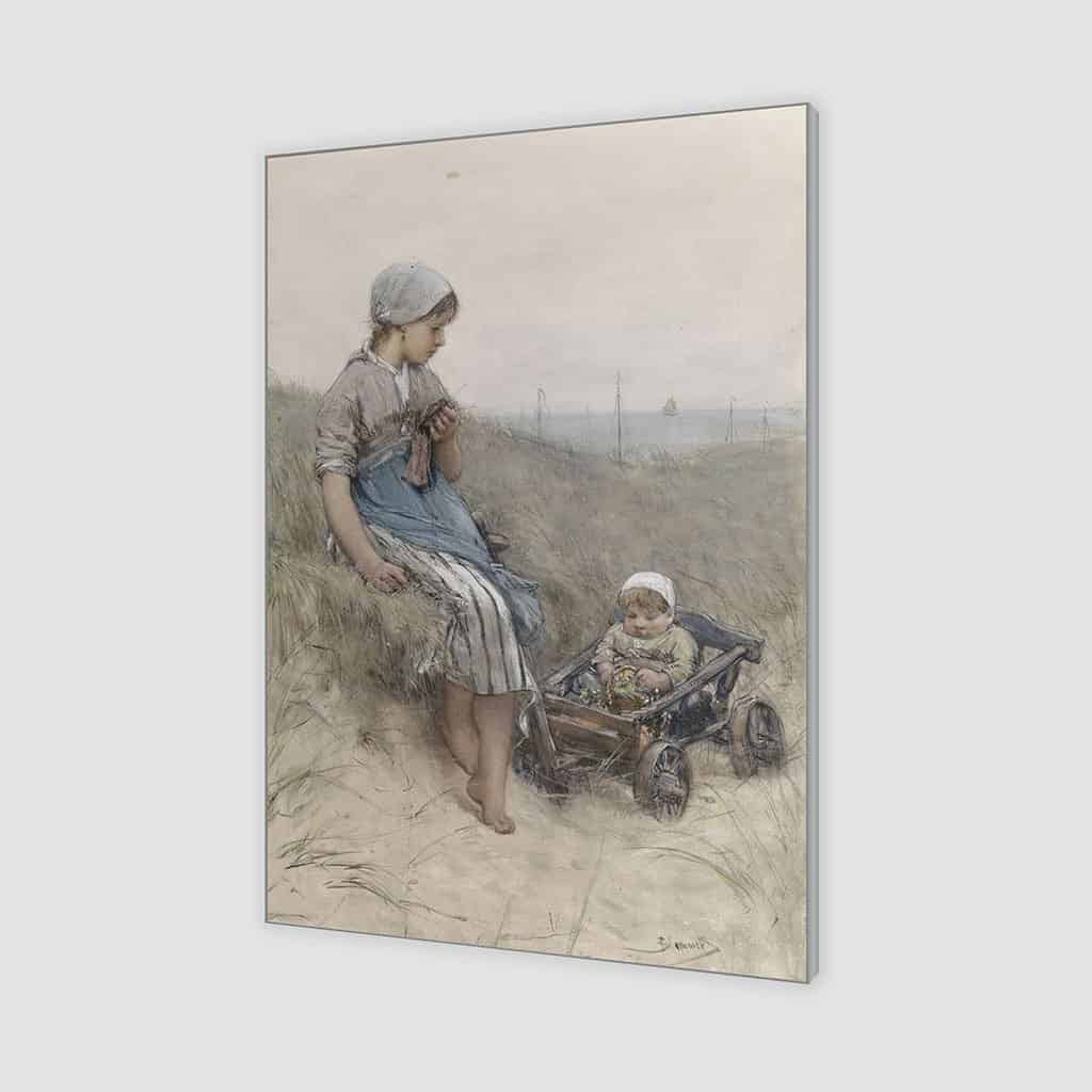 Vissersmeisje met kind in kinderwagen in de duinen - Bernardus Johannes Blommers