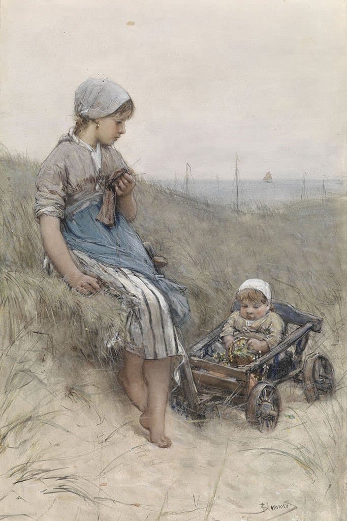 Vissersmeisje met kind in kinderwagen in de duinen - Bernardus Johannes Blommers