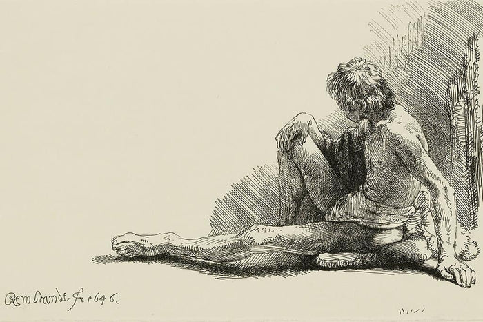 Jonge man, zittend op de vloer met een uitgestrekte been - Rembrandt
