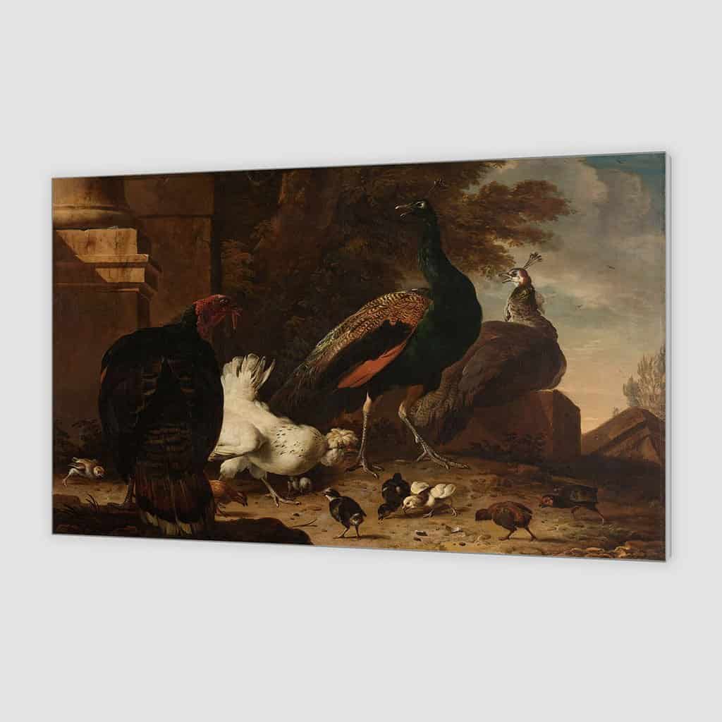 Een duivin met pauwen en kalkoen (Melchior D ' Hondecoeter)