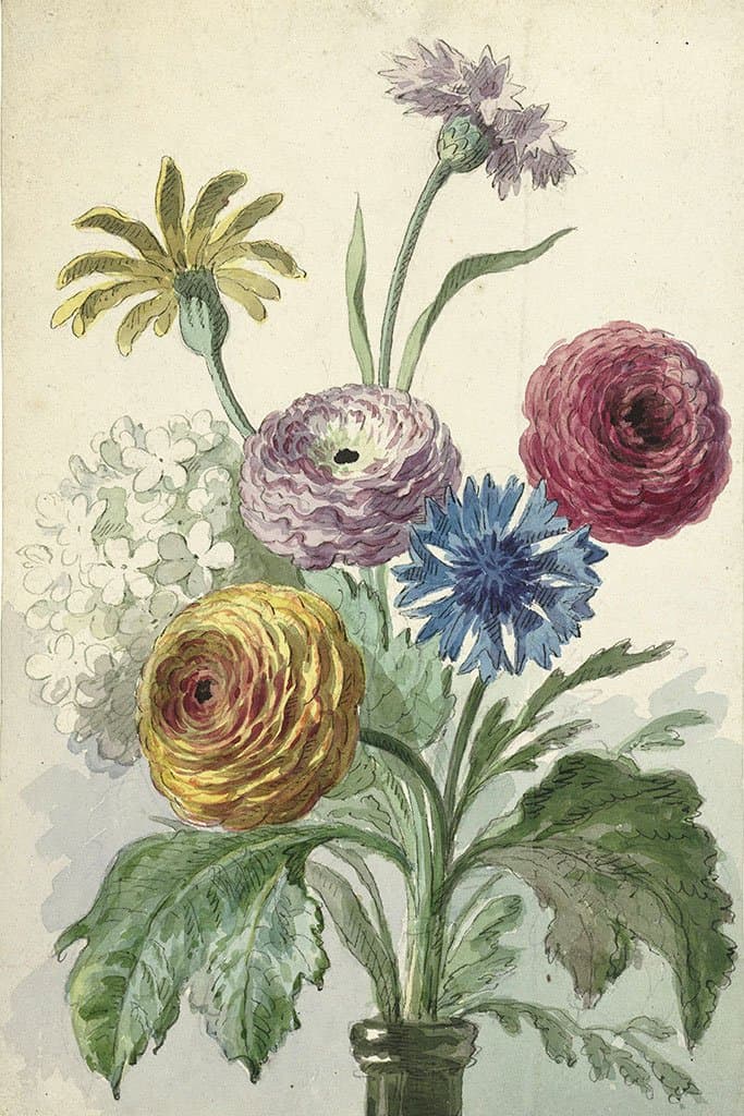 Boeket bloemen in de hals van een groene vaas (Willem van Leen)