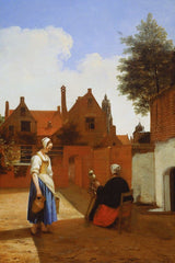 Binnenplaats in Delft op de avond: een spinnende vrouw (Pieter De Hooch)
