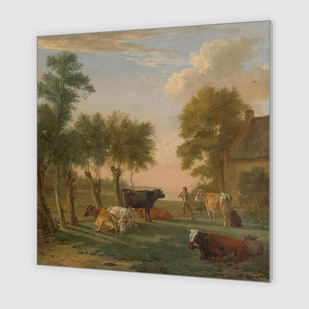 Koeien in een weiland bij een boerderij (Paulus Potter)