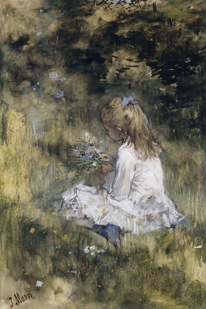 Een meisje met bloemen in het gras (Jacob Maris)