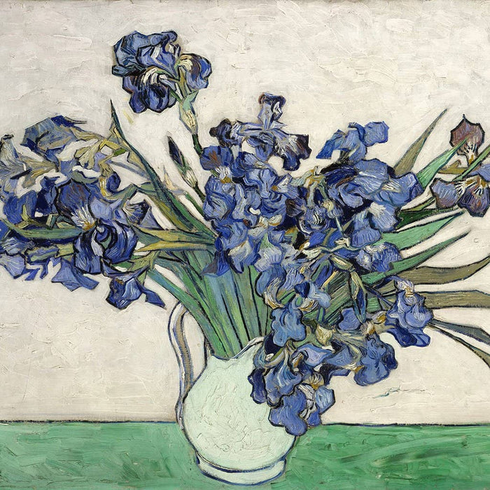 Irissen op grijze en groene achtergrond (Vincent van Gogh)