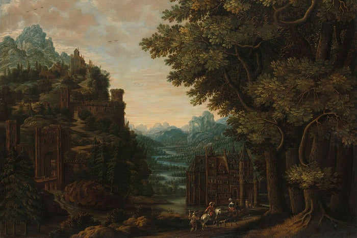 Bergachtig landschap met riviervallei en kastelen (Jan Meerhout)