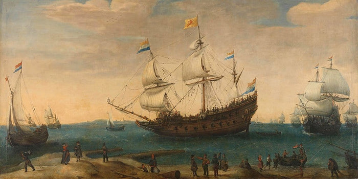 Een aantal Oost-Indiëvaarders voor de kust (Hendrik Cornelisz. Vroom)