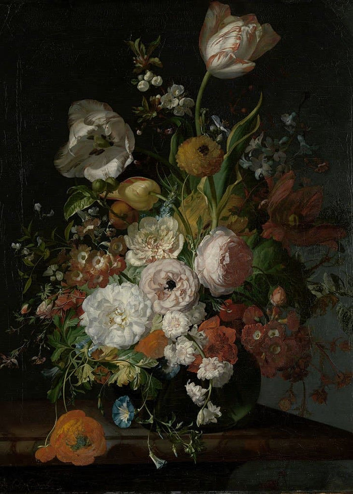 Stilleven met bloemen in een glazen vaas (Rachel Ruysch)